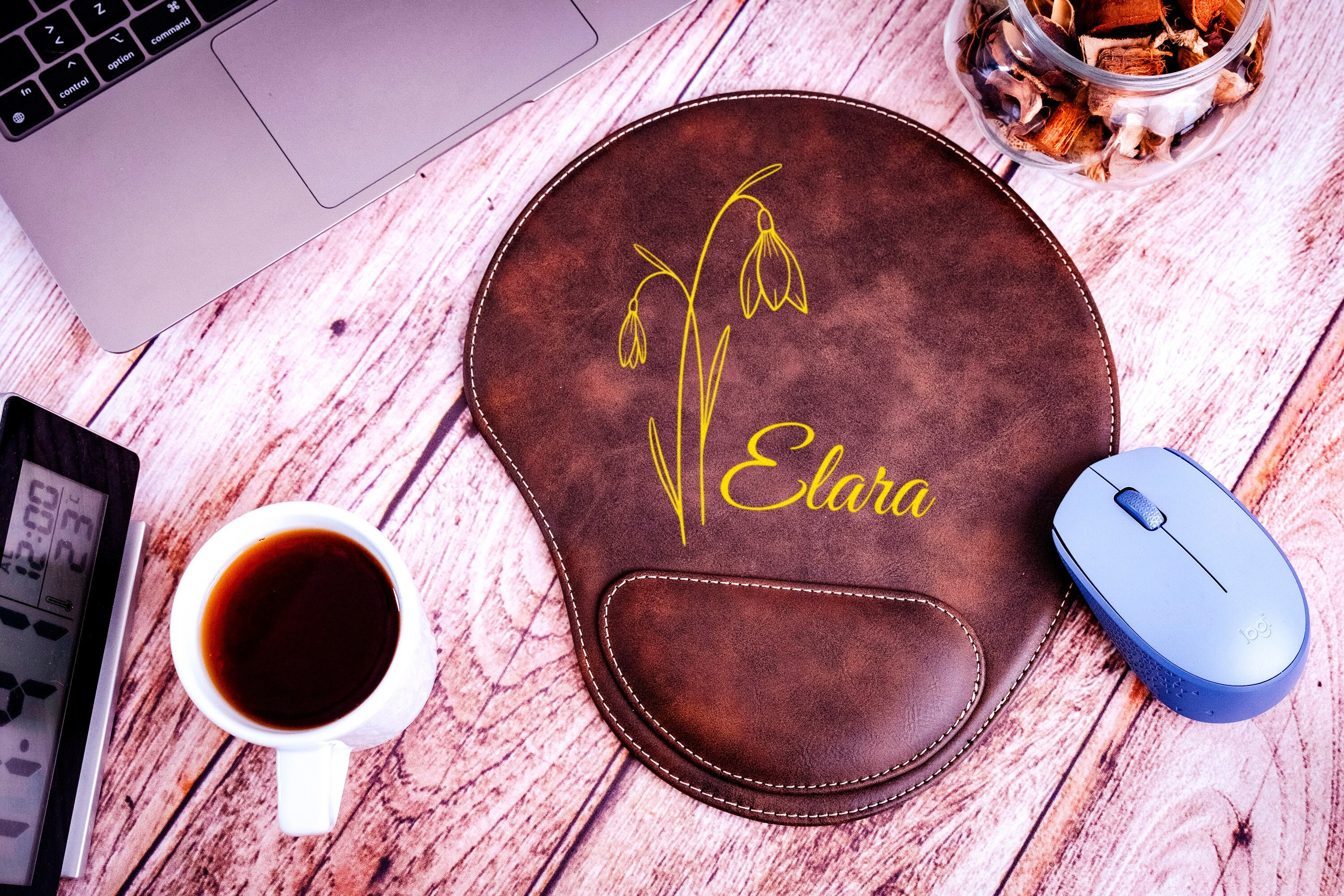 Birth Flower Leather Mousepad, Custom Leather Mousepad, Birth Month Flower Leather Mouse Pad, Leather Mousepad with Wrist Rest, Gift For Her