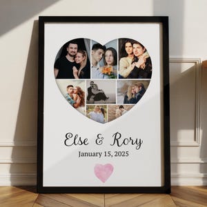 Custom Heart Shaped Photo Collage, Photo Frame for Couples, Living Room Wall Decor, Unique Design Framed Art, Personalized Gift for Her