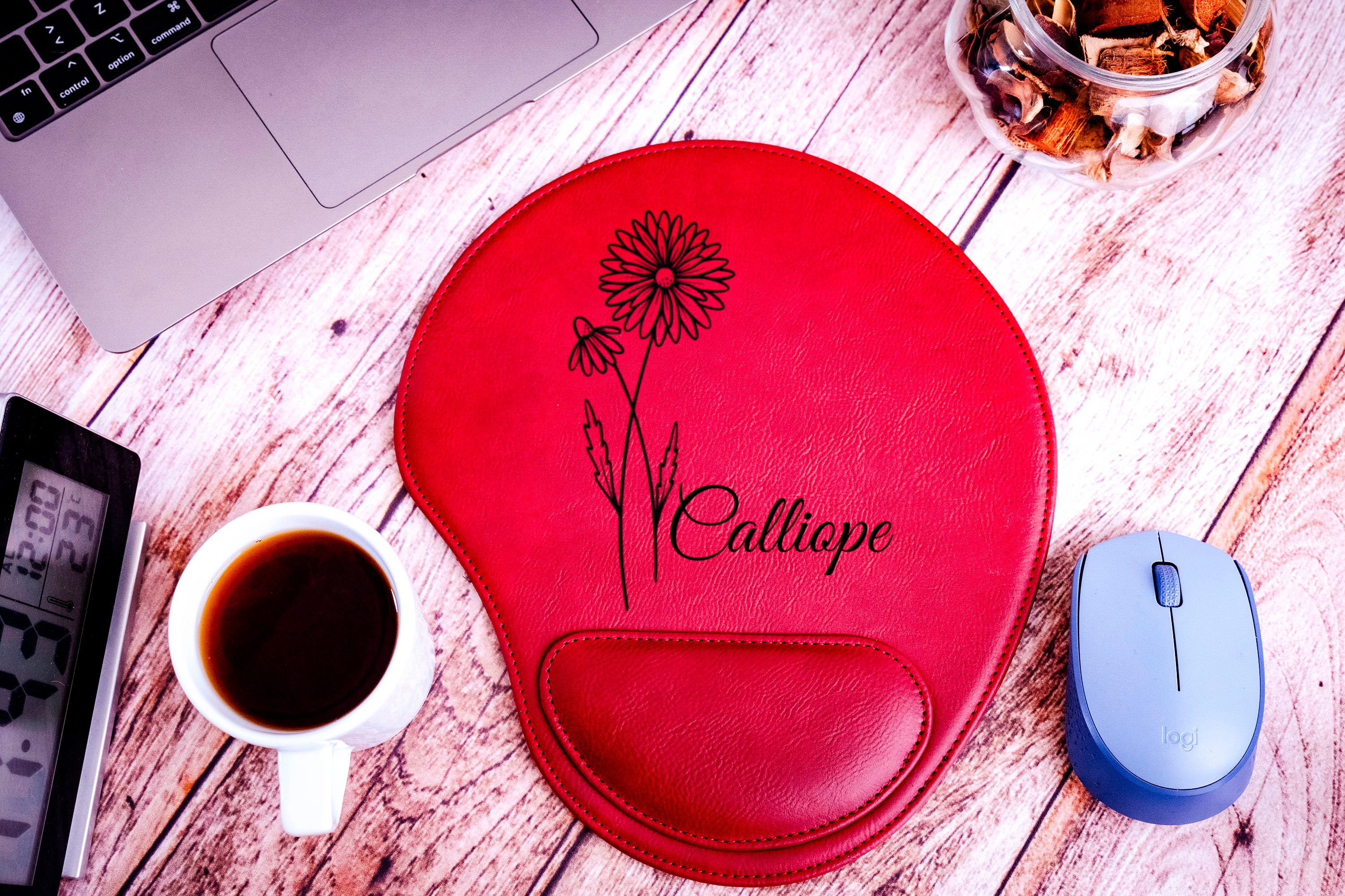 Birth Flower Leather Mousepad, Custom Leather Mousepad, Birth Month Flower Leather Mouse Pad, Leather Mousepad with Wrist Rest, Gift For Her