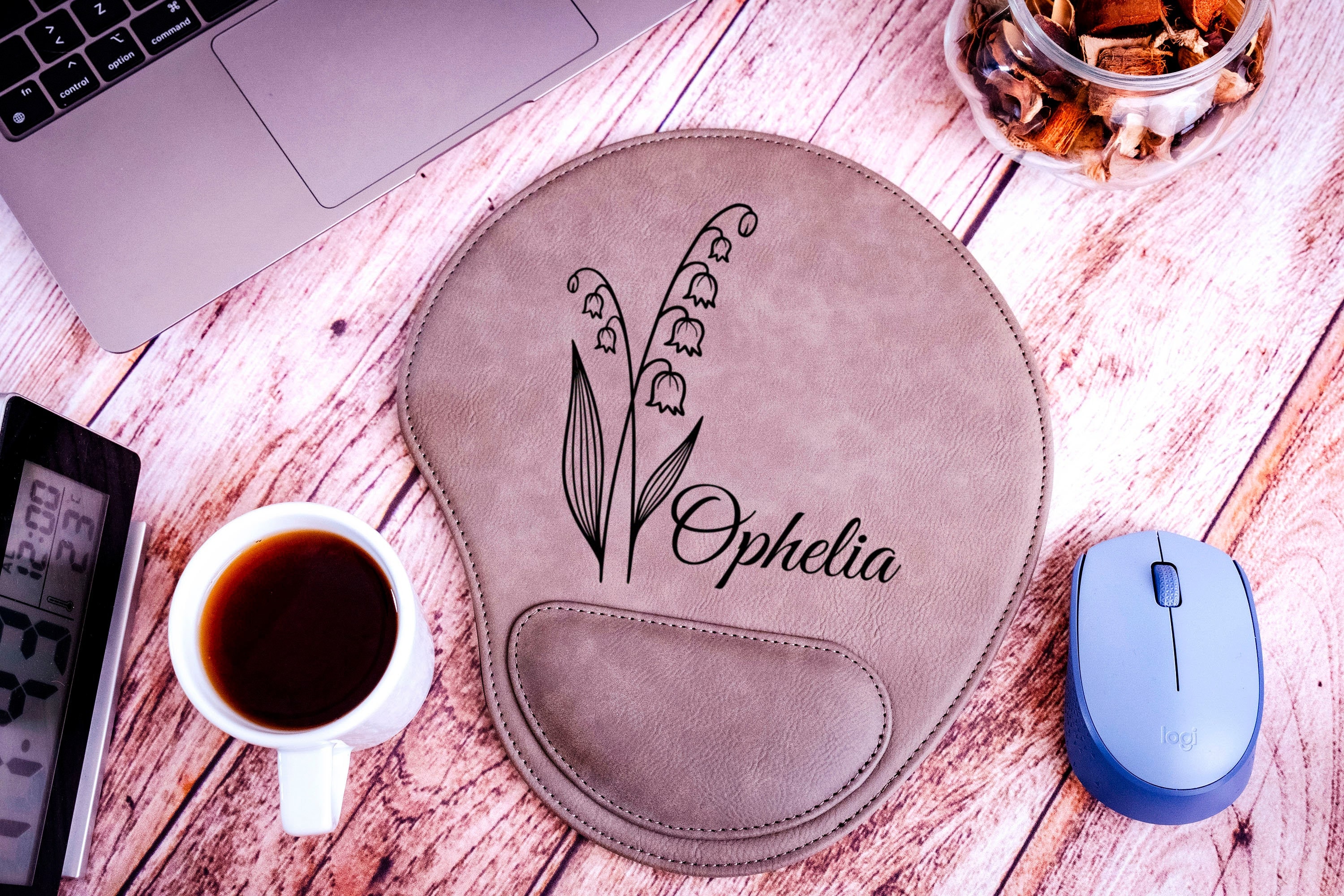 Birth Flower Leather Mousepad, Custom Leather Mousepad, Birth Month Flower Leather Mouse Pad, Leather Mousepad with Wrist Rest, Gift For Her