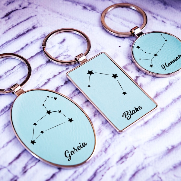 Personalized Zodiac Star Keychain, Oval Keychain, Custom Round Keychain, Leather Keychain, Horoscope Gifts, Gift For Couple, Astrology Gift