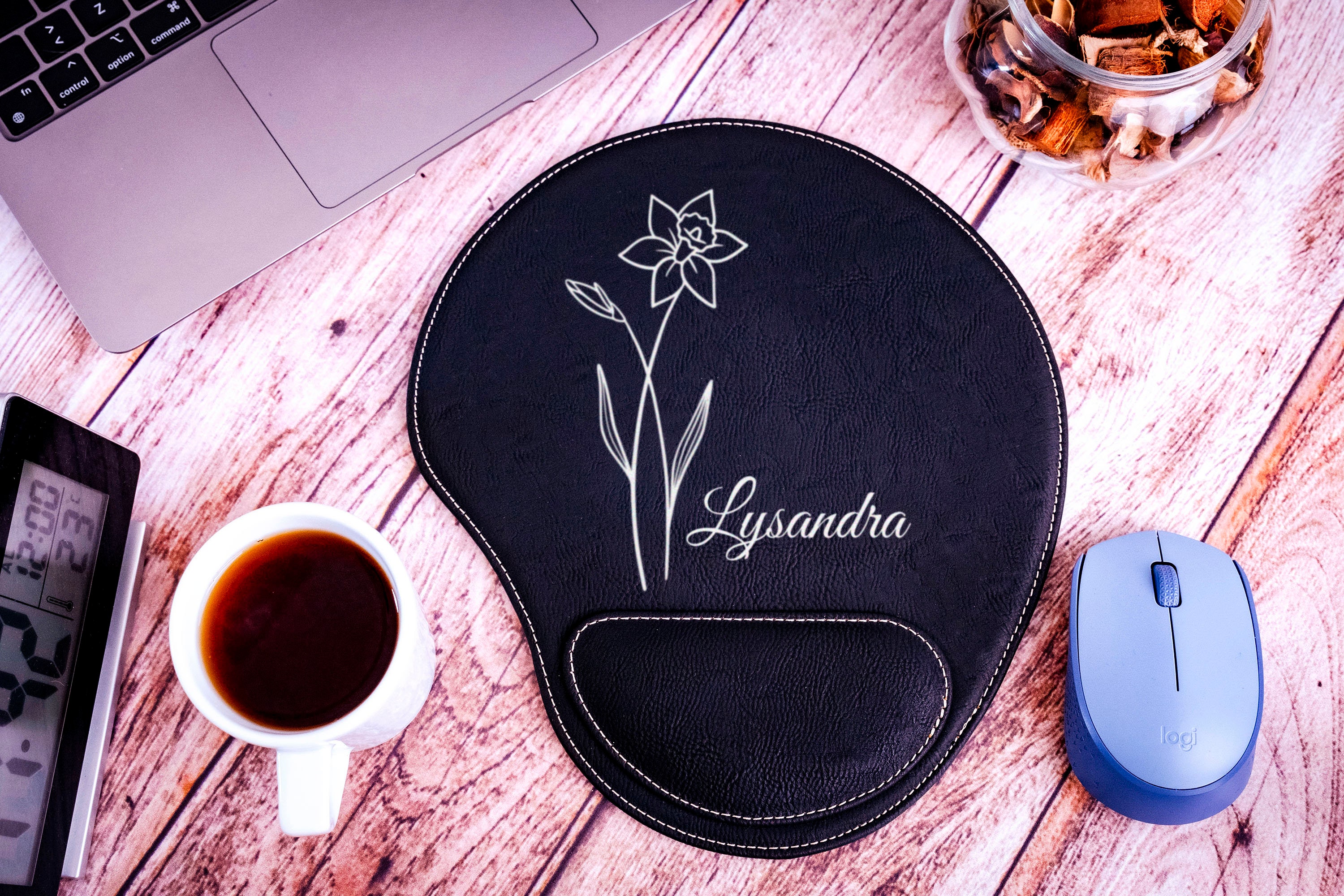 Birth Flower Leather Mousepad, Custom Leather Mousepad, Birth Month Flower Leather Mouse Pad, Leather Mousepad with Wrist Rest, Gift For Her