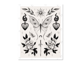 Moth Tattoo Flash Sheet: Botanical Dorm Decor Art Print (Digital Download)