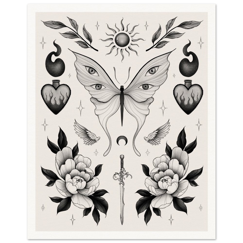 Vintage Tattoo Flash Poster: Moth Ink Art Print for Tattoo Lovers ...