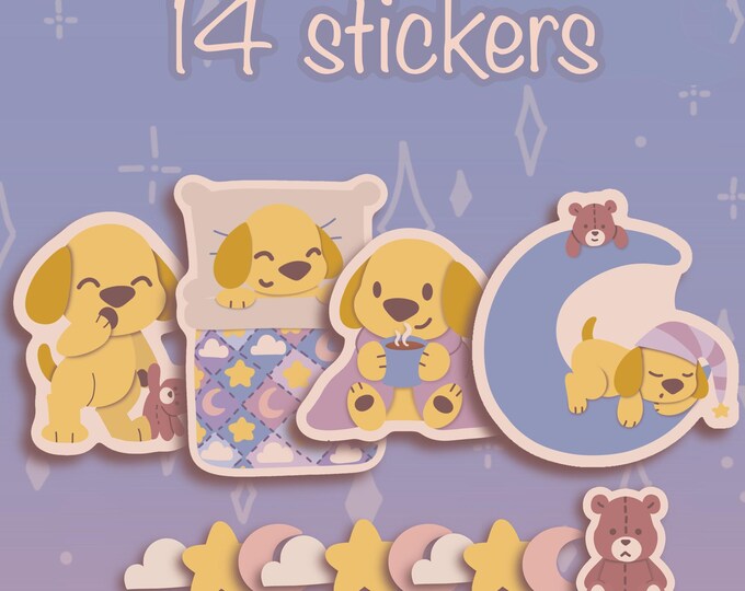 Sleepy Moving Sticker Sleepy Pup, 14 Count Sticker Set | Cute Waterproof Stickers | Dreamy ...