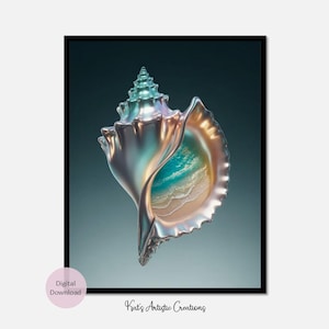 May include: A digital art print of a pearlescent seashell with a beach scene inside. The shell has a metallic sheen with teal, gold, and silver tones. The artwork is framed in a black border and includes the text "Digital Download" and "Kat's Artistic Creations".