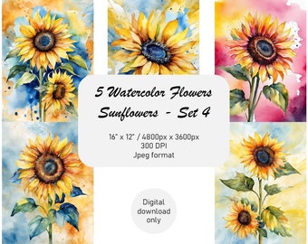 Watercolor Sunflowers, Sun Flowers, Super Colorful, Splash Backgrounds, Commercial Use, DIY Home Decor and Wall Art