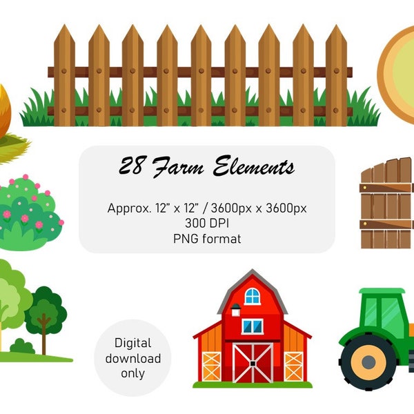 28 Farm Elements Clipart, Barn, Tractor, Fence, Gate, Trees, Transparent Background PNG Graphics, 300 DPI, Commercial Use, DIY Art