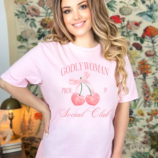 Godly Woman Social Club Tshirt for women Coquette Bows Balletcore Christian tee Teenage aesthetic t-shirt gift for her Jesus proverbs 31