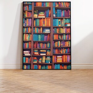 Pu&ograve; includere: Una libreria piena di libri di vari colori. I libri sono organizzati per colore e dimensione. La libreria &egrave; in legno e ha una cornice nera.