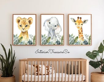 Safari Animals Nursery Prints, Elephant, Lion, Giraffe Posters, Jungle Kids Room Wall Art  (Digital Download)