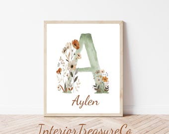 Personalized  Initial Nursery Print, Boho Flowers Custom Name Sign, Retro Girl Room Decor (Digital Download)