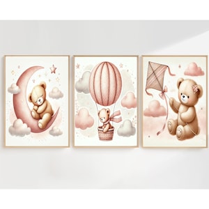 Pink Teddy Bear Nursery Art  Prints,Baby Girls Room Wall Decor,Sleeping Bear,Air Balloon,Clouds Moon Kite Stars Art Print,Set Of 3 Prints