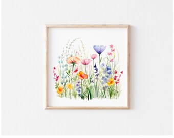 Wildflowers Art Print, Floral Printable Wall Art Decor,Watercolor Flower Art,Spring Flowers Landscape,Room Decor,Digital Download Art Prints