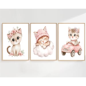 Kitten Nursery Wall Art Prints,Blush Pink Cat Nursery Decor,Baby Girls Room Wall Art,Sleeping Cat,Floral Cat Nursery, Digital Art Posters