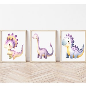 Láminas artísticas de dinosaurios morados: Decoración para habitación de niña (Descarga digital)