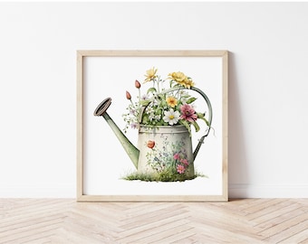 Flowers in Watering can Art Print, Watercolor Painting Art Decor,Floral Room Wall Art Decor,Spring Printable Art,Digital Download Art Prints