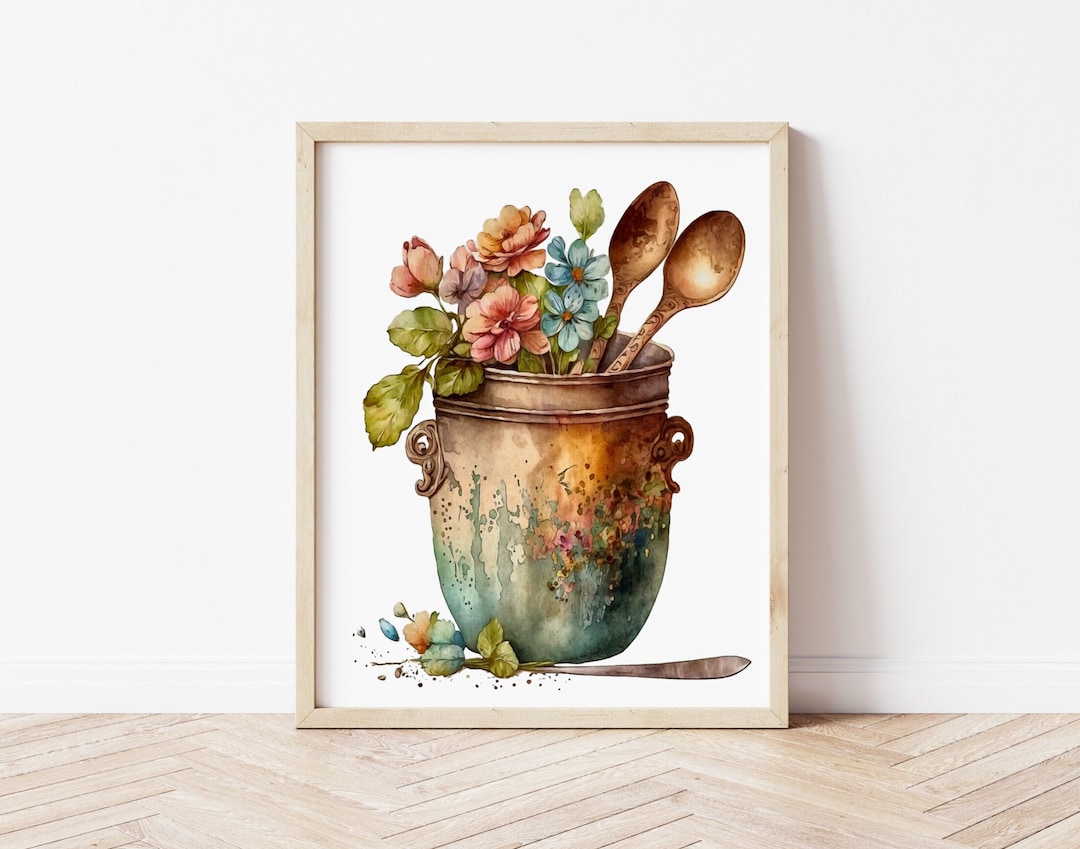 Farmhouse Kitchen Art Print Printable Vintage Rustic Watercolor Kitchen ...