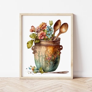 Impresión artística de cocina de granja imprimible, jarrón de cocina de acuarela rústica vintage, flores, impresiones artísticas digitales, arte de cocina, decoración de pared, descarga