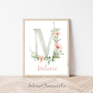 Nome personalizado e impressão inicial, arte de parede floral em aquarela para berçário, decoração de quarto de bebê, presente personalizado para crianças, impressões digitais retrô