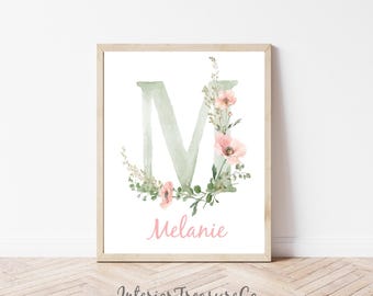 Custom Name & Initial Print, Watercolor Floral Nursery Wall Art, Baby Girl Room Decor, Personalized Gift for Kids, Retro Digital Prints