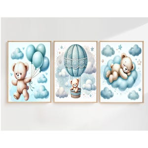Teddy Bear Nursery Art Prints, Baby Boy Room Wall Art Decor, Sleeping Bear, Air Balloon, Blue Cloud Moon Stars Art Print, Nursery Wall Decor