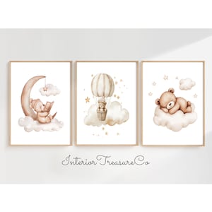 Impresiones de pared de osito de peluche neutro para habitación de bebé, decoración de pared beige para habitación de bebé, impresión artística de globo aerostático con nubes, lunas y estrellas, impresión digital para habitación de niños y niñas.