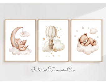 Neutraler Teddybär-Kinderzimmer-Wanddruck, Beiges Babyzimmer-Wanddekor, Wolke Mond-Sternluftballon-Kunstdruck, digitaler Jungen-Mädchen-Kinderzimmerdruck