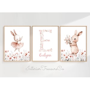 Boho Pink Bunny Nursery Wall Art Prints,Floral Personalized Name Sign,Custom Name Print,Rabbit Nursery Decor,Blush Baby Girls Room Decor