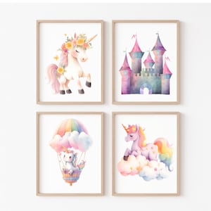 Whimsical Unicorn Nursery Wall Art Set, Pastel Rainbow Unicorns, Hot Air Balloon & Fairytale Castle Prints, Girl's Room Decor, Gift Set of 4