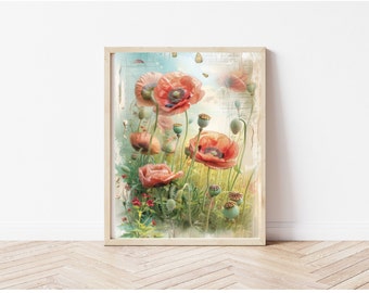 Spring Wildflower Art Print Watercolor Peach Floral Landscape Wall Art Home Decor Printable Summer Flowers Art Digital Download Art Prints