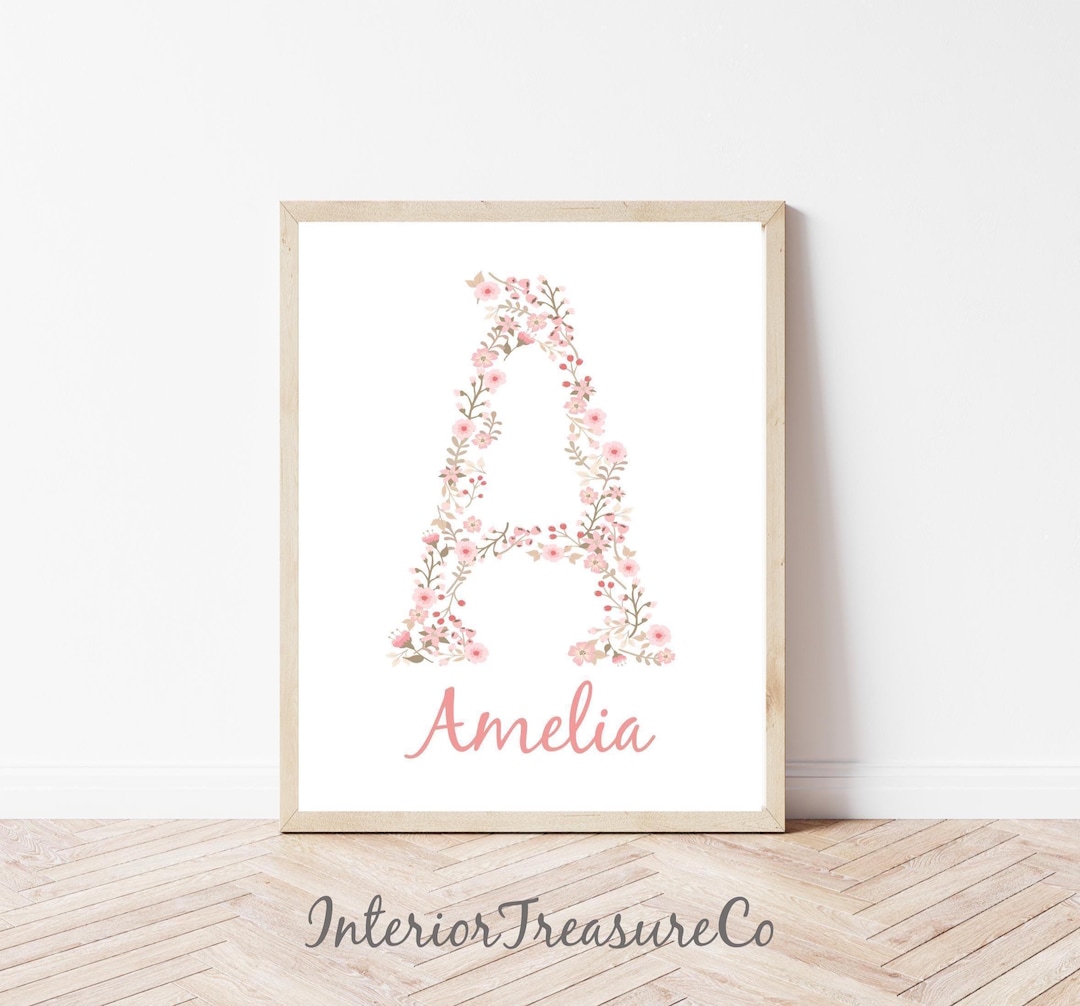 Personalized Floral Initial Nursery Wall Art, Custom Name Sign, Pink ...