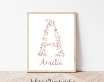 Personalized Floral Initial Nursery Wall Art, Custom Name Sign, Pink Girl Room Decor, Baby Girl Nursery Print (Digital Download)