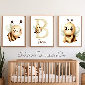 Juego de arte de pared para habitación de bebé con diseño de abeja, impresión personalizada con nombre de bebé, adorable decoración de dormitorio con abejorro, impresión de inicial personalizada, regalo para baby shower, impresiones digitales