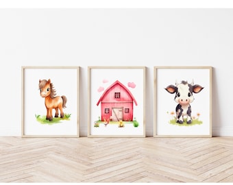 Farm Barnyard Art Prints, Cow Pony and Barn House Nursery,Digital Download Wall Art Prints,Printable Art For Kids Room,Farm Animal Nursery