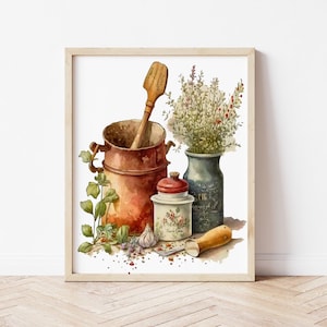 Farmhouse Kitchen Watercolor Wall Art Print, Vintage Copper Pot & Herbs Decor, Rustic Cooking Utensils Art, Instant Digital Download