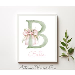 Personalized Floral Monogram Wall Art,Custom Name Nursery Print,Custom Initial with Pink Bow & Flowers,Baby Girl Room Decor,Newborn Gift