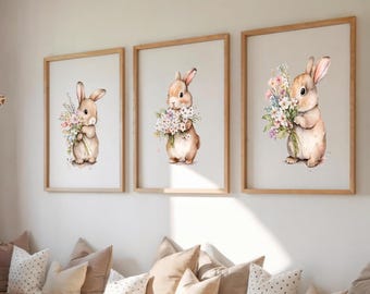 Floral Bunny Nursery Prints, Neutral Rabbit Wall Art, Baby Girl Room Decor, (Digital Download)