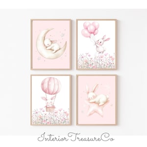 Bunny Nursery Art Prints, Bunnies Nursery Art Decor, Baby Girls Room Wall Decor,Rabbit Posters,Air Balloon,Sleeping Bunny On The Moon Star