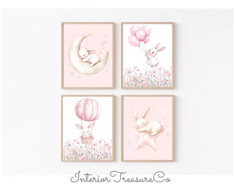 Pink Bunny Nursery Art Prints, Baby Girl Room Wall Decor (Digital Download)