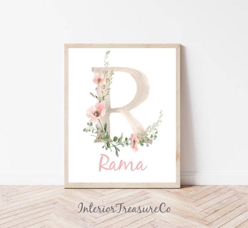 Personalized Floral Wall Art Print, Custom Name Nursery Decor, Retro ...