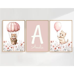 Cat Nursery Wall Art Prints,Floral Personalized Name,Custom Name Sign,Kitten Nursery Decor,Blush Pink Wildflowers Baby Girl Room Wall Decor