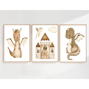 Neutral Dragon Nursery Prints: Set of 3 Kids Room Wall Art (Digital Download)