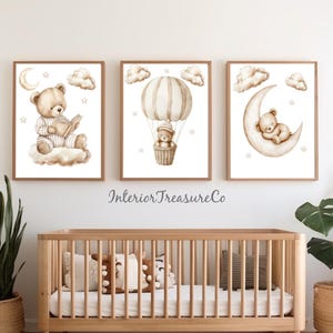 Neutral Teddy Bear Nursery Wall Art,Hot Air Balloon,Moon & Cloud Baby Room Prints,Gender Neutral Woodland Kids Decor,Printable Art Gift Set