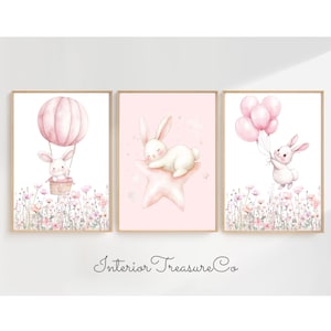 Pink Bunny Nursery Art Prints, Wildflower Bunny Nursery Decor, Floral Baby Girls Room Wall Decor, Air Balloon, Sleeping Bunny On The Star