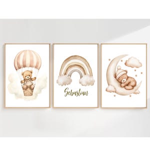 Custom Teddy Bear Nursery Prints,Personalized Baby Name,Kids Room Wall Art Decor,Neutral Beige Rainbow Cloud Moon Air Balloon Nursery,Gift