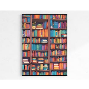 Pu&ograve; includere: Una libreria piena di libri colorati. I libri sono disposti in file sugli scaffali, con alcuni libri impilati uno sopra l'altro. La libreria &egrave; in legno e ha una finitura marrone scuro.
