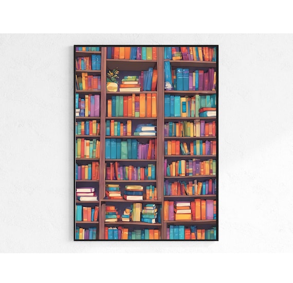Retro Bookshelf Poster: Vibrant Reading Room Art (Digital Download)
