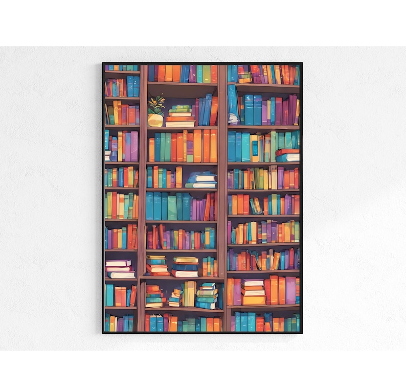 Pu&ograve; includere: Una libreria piena di libri colorati. I libri sono disposti in file sugli scaffali, con alcuni libri impilati uno sopra l'altro. La libreria &egrave; in legno e ha una finitura marrone scuro.