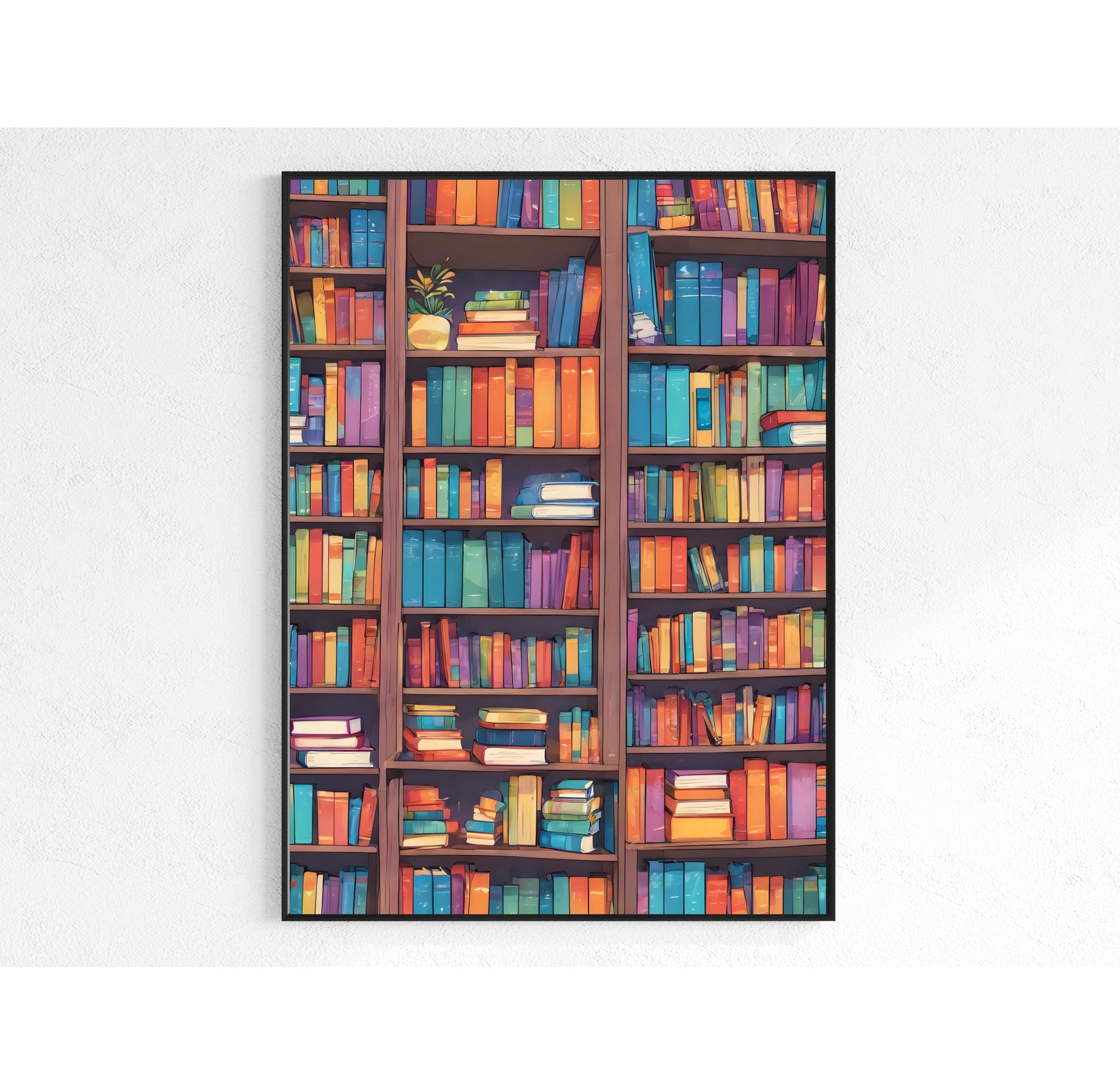 Bookshelf Retro Poster, Bookstore Poster, Office Wall Art Decor, Vibrant Maximalist Reading Art, School Library Room Wall Decor, Bookworm